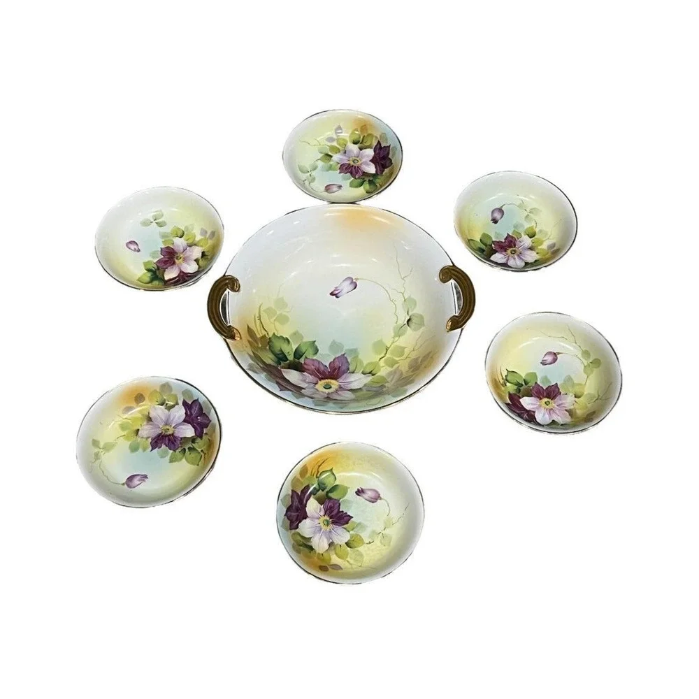 Vintage Hand Painted Berry Bowl‎ Set Purple Clematis Floral Porcelain 7 Piece